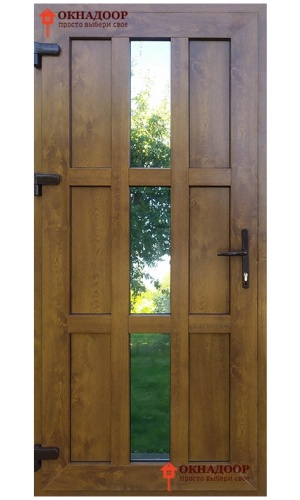 Входная ПВХ дверь с ламинацией под дерево, устойчивая к перепадам температуры и влаге.
