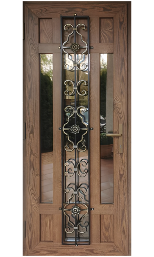 Входная ПВХ дверь "Белла" с кованой решеткой – стильная и надежная дверь с высокой защитой от холода и взлома.