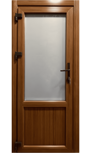 Входная ПВХ дверь "Дверной стандарт дуб" с матовым стеклом – пластиковая дверь с дубовым декором и матовой стеклянной вставкой.