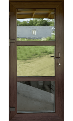 Пластиковая дверь «Квадро» из темного дуба с отличной теплоизоляцией и элегантным дизайном.