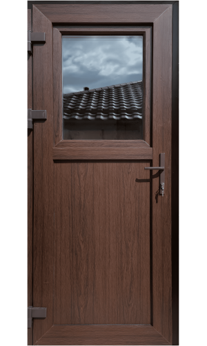 Дверь ПВХ "Фрамуга" темный дуб – пластиковая входная дверь с ламинацией и стеклопакетом.