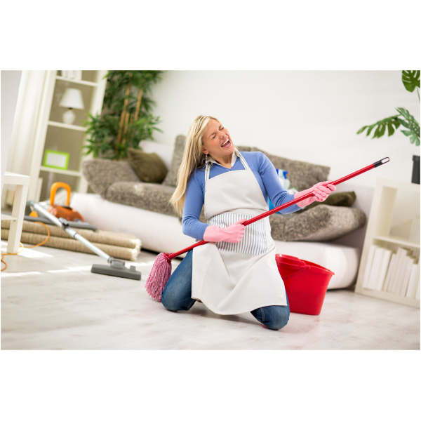 Humorous housewife with jogger stick make joke