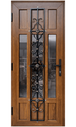 Входная ПВХ дверь "Белла" золотой дуб с кованой решеткой – стильная и надежная дверь с высокой защитой от холода и взлома.